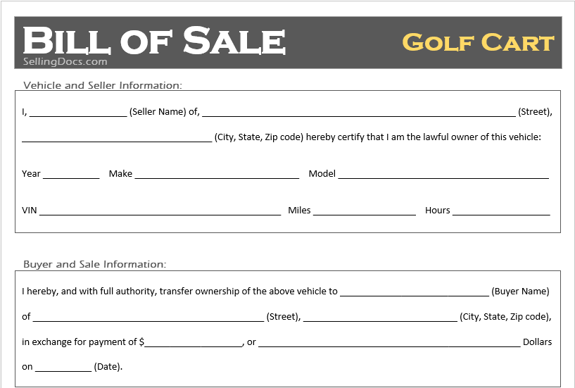 Free Printable Golf Cart Bill of Sale Template Selling Docs