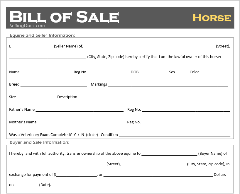 bill of sale for horse template
