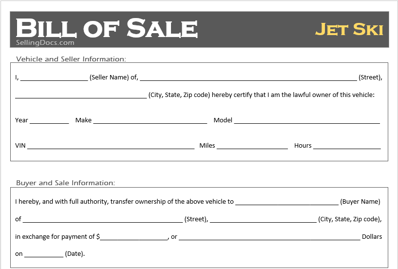Free Printable Jet Ski Bill of Sale Template | Selling Docs