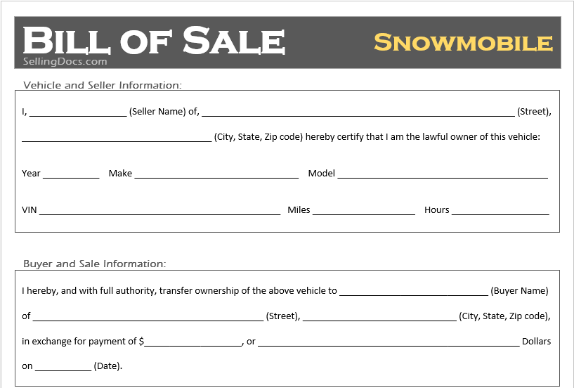 Snowmobile Bill of Sale Selling Docs