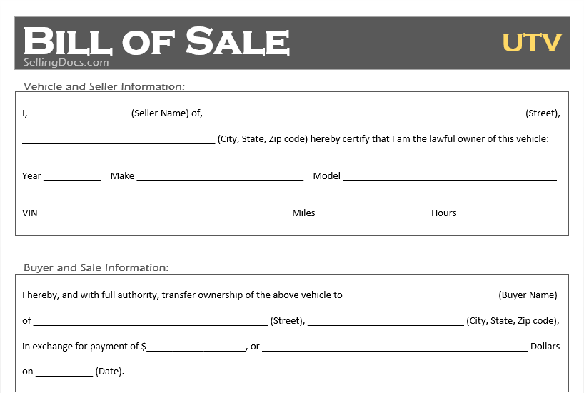 Free Printable UTV Bill of Sale Template Selling Docs
