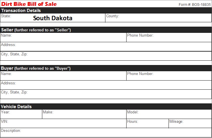 South Dakota Dirt Bike Bill of Sale