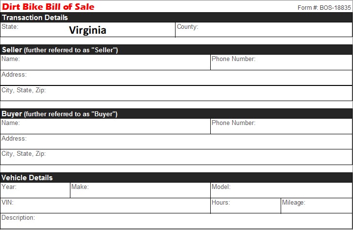 Virginia Dirt Bike Bill of Sale