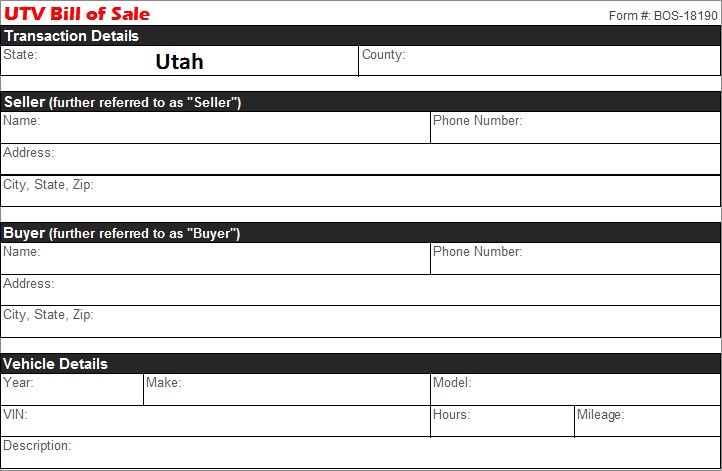 Utah UTV Bill of Sale