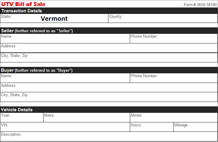 Vermont UTV Bill of Sale