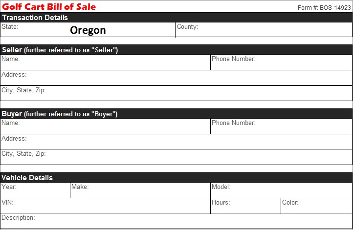 Oregon Golf Cart Bill of Sale
