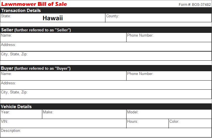 Hawaii Lawnmower Bill of Sale