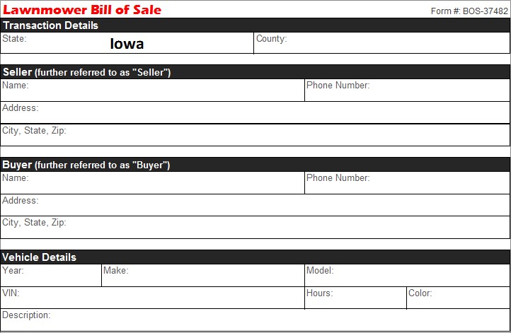 Iowa Lawnmower Bill of Sale