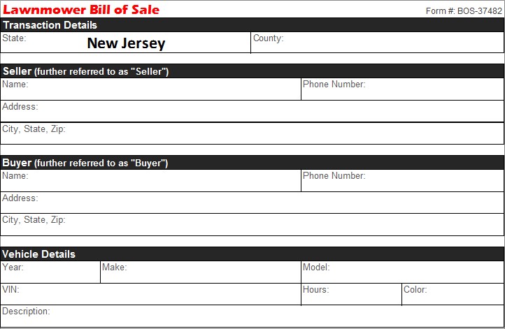New Jersey Lawnmower Bill of Sale