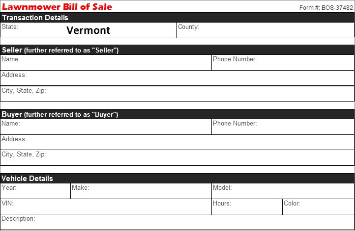 Vermont Lawnmower Bill of Sale