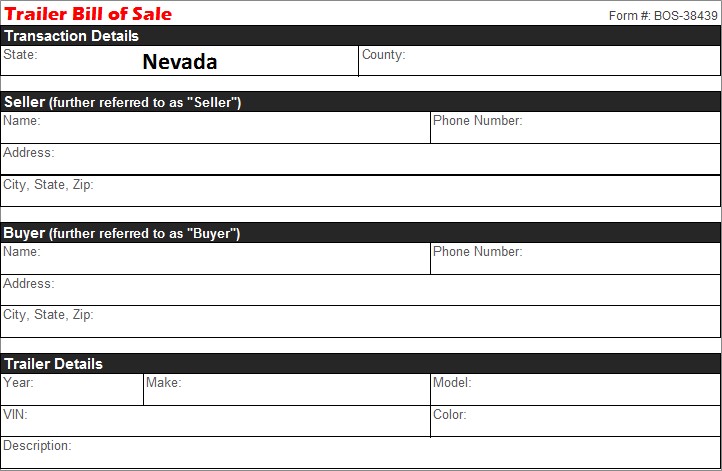 Nevada Trailer Bill of Sale - Free Template - Selling Docs
