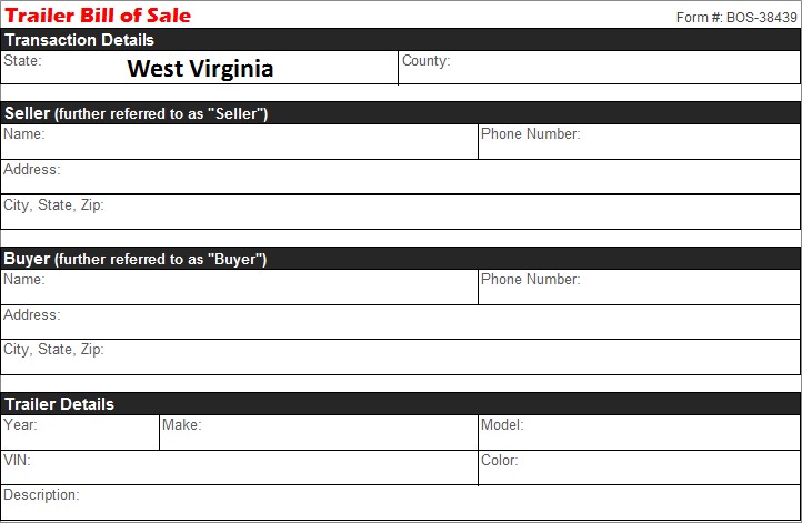 West Virginia Trailer Bill of Sale