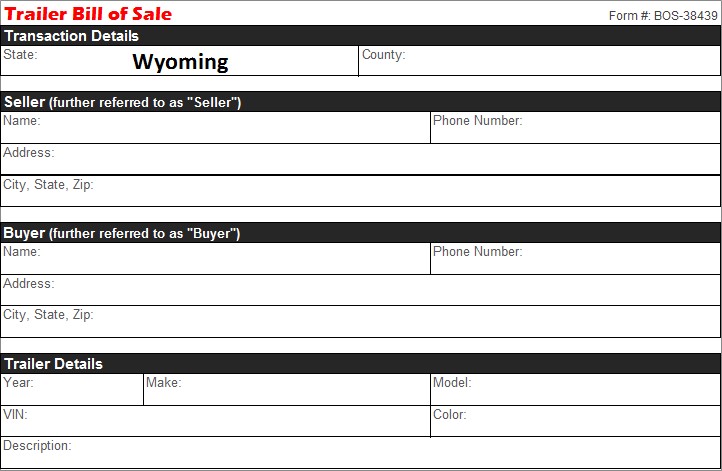 Wyoming Trailer Bill of Sale