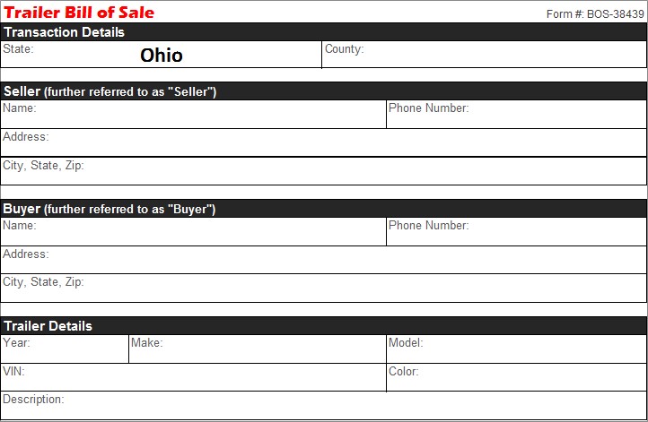 Ohio Trailer Bill of Sale - Free Template - Selling Docs